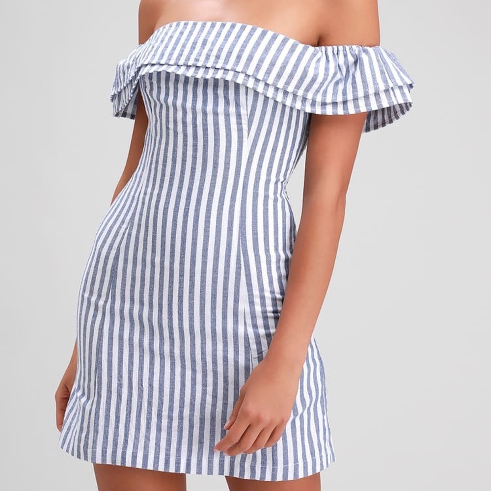 Blue Striped Off-the-Shoulder Dress